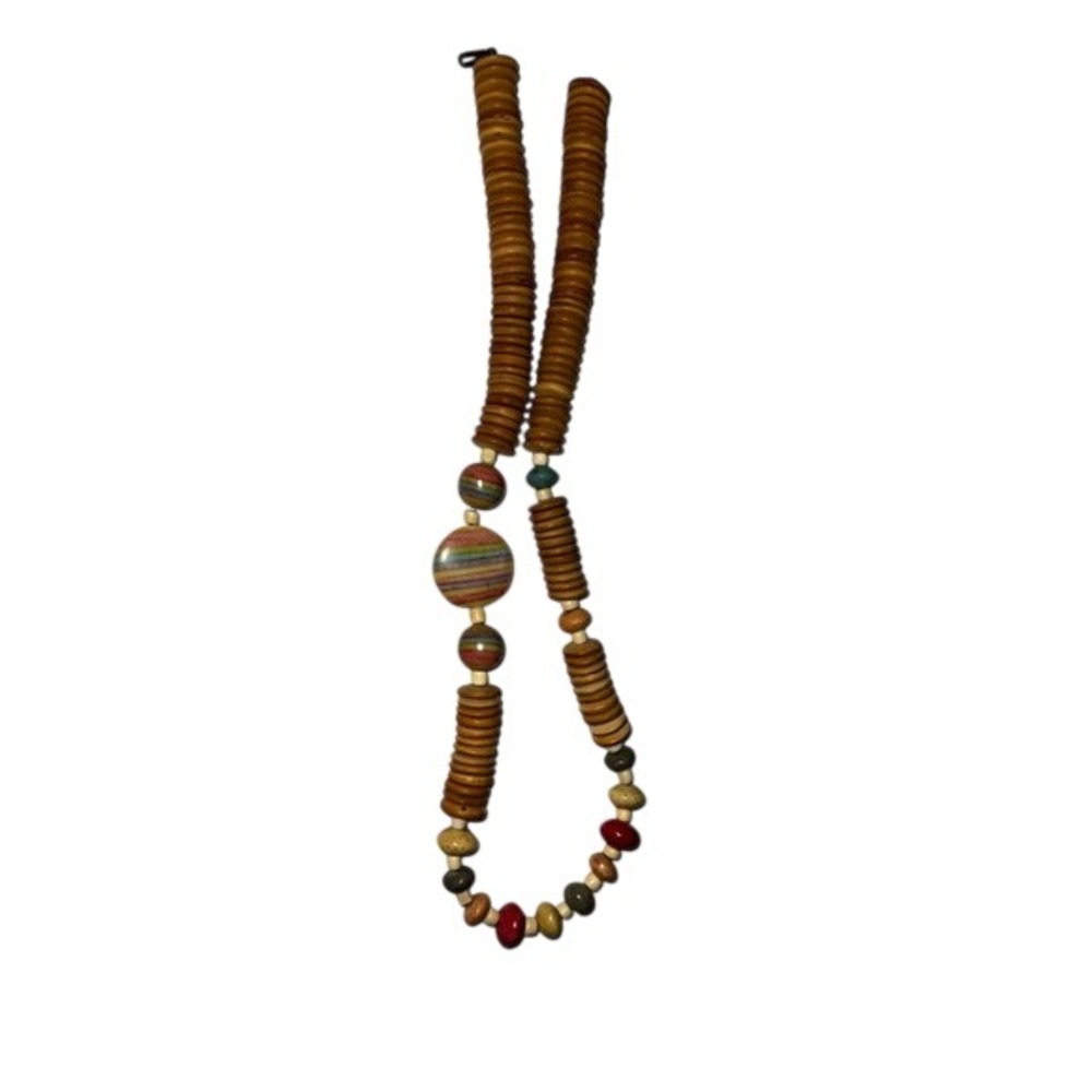 Vintage Wood Beaded Statement Necklace Rainbow Striped Disc Boho '70s